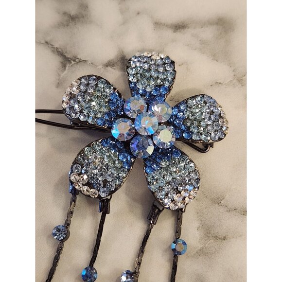 Elegant Blue Rhinestone Flower Hair Clip Barrette With Dangling Strands - Picture 2 of 4